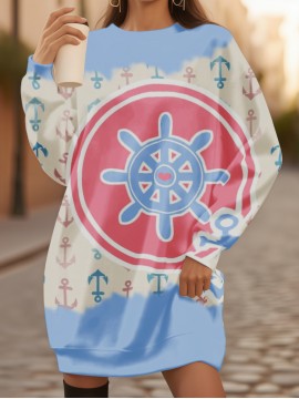 Plus-Size Women'S Oversized Nautical 3D All-Over Print Sweatshirt - Winter Warm Crewneck Pullover with Anchor & Ship Wheel Design, Soft Durable Fabric, Machine Washable Long Sleeve Sweater for Casual & Clothing (Vibrant Blue/Pink/Red) - Plus Size Fr