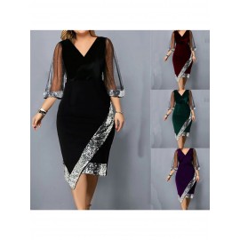 Elegant Velvet Sequined Mesh Dress for Women | Large-Sized, Irregular Pattern, See-Through Design, Perfect for Parties and Weekend Casual