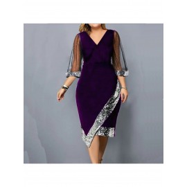 Elegant Velvet Sequined Mesh Dress for Women | Large-Sized, Irregular Pattern, See-Through Design, Perfect for Parties and Weekend Casual