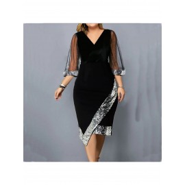 Elegant Velvet Sequined Mesh Dress for Women | Large-Sized, Irregular Pattern, See-Through Design, Perfect for Parties and Weekend Casual