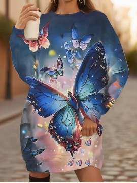 Plus Size Women's Winter 3D Butterfly Print Sweatshirt - Oversized Full-Body Blue & Pink Butterfly Pattern with Sparkling Wing Details, Machine Washable Casual Crewneck Pullover Sweater for Fall/Winter Warmth (Pink/Blue/Golden)