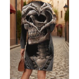 Women's Plus Size Gothic 3D Skull & Bat Wing Full-Body print Sweater Dress - Loose Fit Batwing Dress with 3D Skull Print, Machine Washable Long Sleeve Crewneck for Halloween Costumes, Themed Parties & Daily Wear (Polyester) - Gothic Attire for