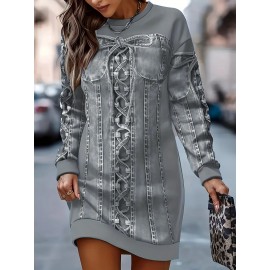 【imitation denim】[Denim Print/Imitation Denim] Women'S Plus Size Elegant Faux Denim Print Long Sleeve Dress - Light Purple with Floral Pattern, Round Neck, Medium Stretch, All-Over Print, Fall/Winter Casual to Semi-Formal Wear