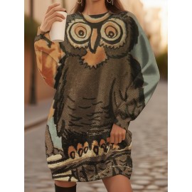 Women' Plus Size 3D Owl Print Sweater Dress - Oversized Loose Fit H-Line Silhouette, Owl Perched on Branches Full-Length Dress Suitable for Winter Parties, Christmas & for Halloween Costumes (Machine Washable)