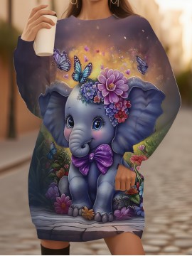 Women's Plus Size 3D Elephant & Floral Sweater Dress - Cozy Long Sleeve Winter Pullover, Soft Warm Full-Body Print Sweathdress for Casual Attire & Special Occasions, Machine Washable (Plus Size Long Dresses)