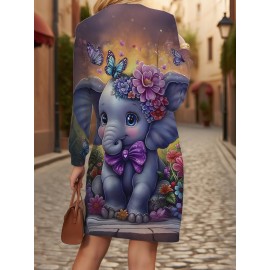 Women's Plus Size 3D Elephant & Floral Sweater Dress - Cozy Long Sleeve Winter Pullover, Soft Warm Full-Body Print Sweathdress for Casual Attire & Special Occasions, Machine Washable (Plus Size Long Dresses)