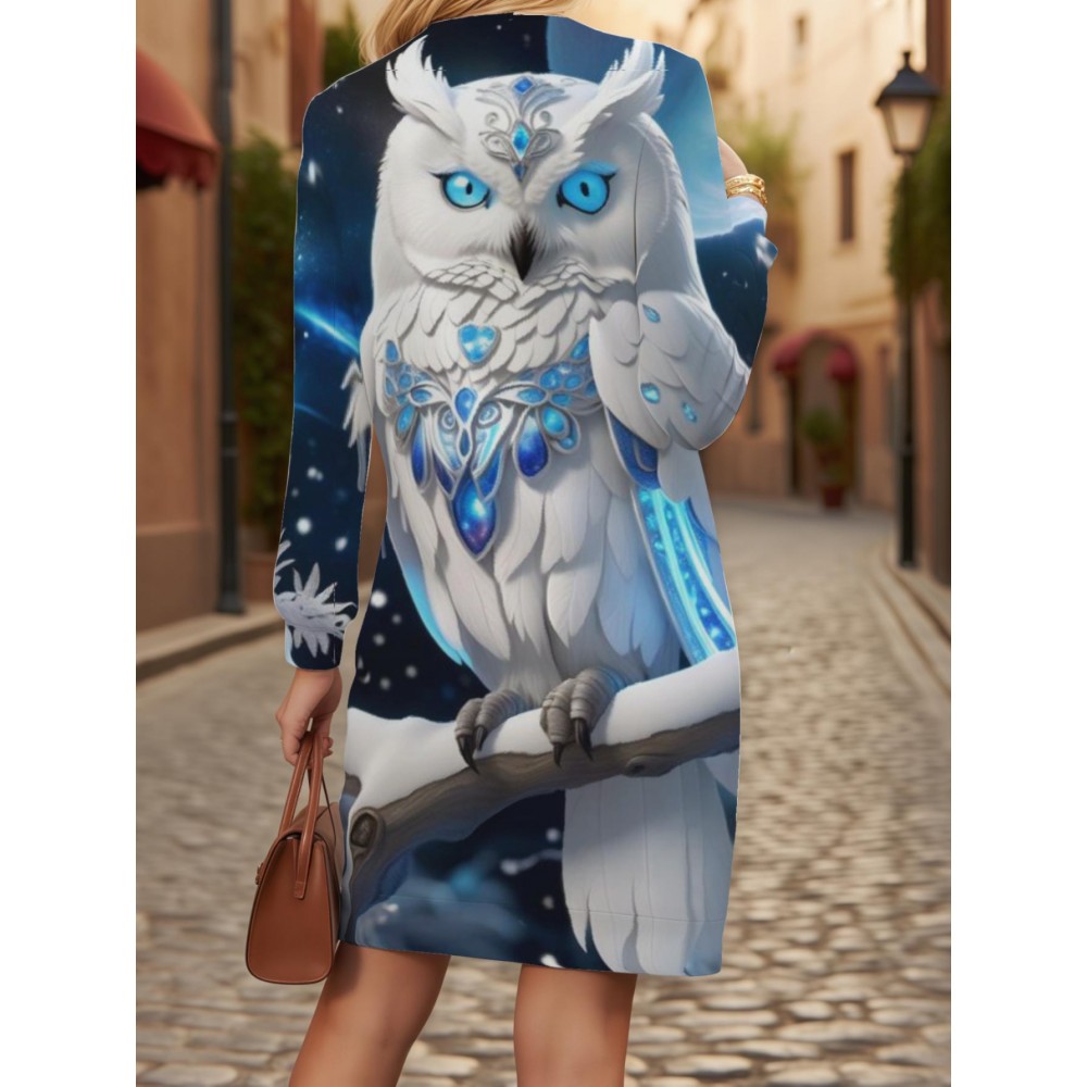 Casual Long Sweatshirt for Plus Size Women Featuring a Vibrant Magical Owl Design, Perfect for Winter. This Regular Fit Pullover Has Long Sleeves, Is Machine Washable, And Is Easy to Maintain with Its 3D Printed Fabric., long sweatshirt dress, Cozy