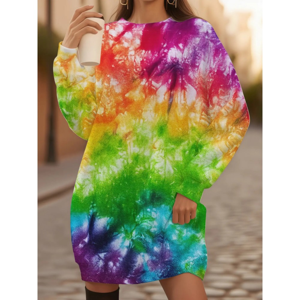 Women's Plus Size Multicolor Tie-Dye Sweater - Psychedelic Pink/Blue/Green/Orange/Purple Full-Body Print Loose Crew Neck Pullover | Machine Washable Winter Sweater Suitable for Casual & Formal Wear, Four-Season Comfort Rainbow Sweater