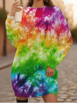 Women's Plus Size Multicolor Tie-Dye Sweater - Psychedelic Pink/Blue/Green/Orange/Purple Full-Body Print Loose Crew Neck Pullover | Machine Washable Winter Sweater Suitable for Casual & Formal Wear, Four-Season Comfort Rainbow Sweater