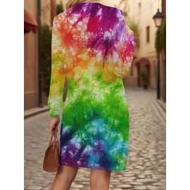 Women's Plus Size Multicolor Tie-Dye Sweater - Psychedelic Pink/Blue/Green/Orange/Purple Full-Body Print Loose Crew Neck Pullover | Machine Washable Winter Sweater Suitable for Casual & Formal Wear, Four-Season Comfort Rainbow Sweater