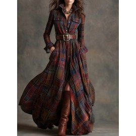 Large Size Women'S New Retro Plaid Casual Flip Tie Belt Dress | SCACTO Peplum Style with Medium Stretch Fabric, Lapel Collar, Ideal for Fall/Winter