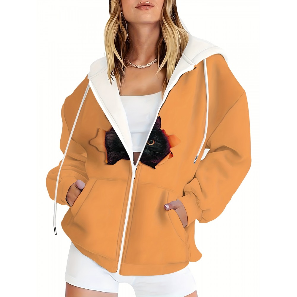 Women's Plus Size Oversized Hooded Zip-Up Jacket with 3D Black Cat Print - Soft Stretchy Full-Zip Coat, Brown with Black Cat Design, Cozy Hood & Front Zipper Closure, Machine Washable Casual Outerwear for Cat Lovers (Spring/Fall/Winter)