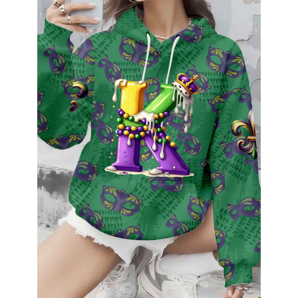 Plus Size Women'S Mardi Gras Mask and Crown Letter K Full Printed Hoodie | Cute Style with Pocket, Hooded, Pullover, Slight Stretch Fabric, Regular Sleeve and Length for Party and Casual Wear