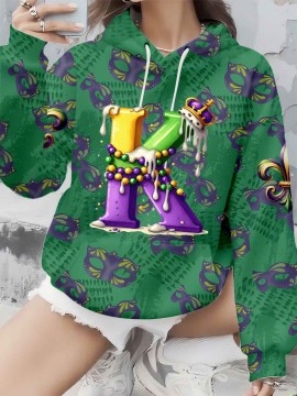 Plus Size Women'S Mardi Gras Mask and Crown Letter K Full Printed Hoodie | Cute Style with Pocket, Hooded, Pullover, Slight Stretch Fabric, Regular Sleeve and Length for Party and Casual Wear