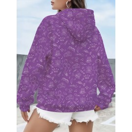 Plus Size Women'S Mardi Gras Mask and Crown Letter K Full Printed Hoodie | Cute Style with Pocket, Hooded, Pullover, Slight Stretch Fabric, Regular Sleeve and Length for Party and Casual Wear