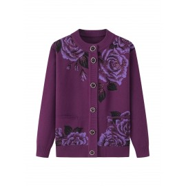 Middle-aged and Elderly Fleece Cardigan | Thick Jacket for Moms, Autumn and Winter Warm Elderly Clothing, Comfortable and Soft, Regular Length, Crew Neck, Button Details, Casual Style