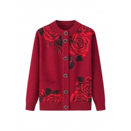 Middle-aged and Elderly Fleece Cardigan | Thick Jacket for Moms, Autumn and Winter Warm Elderly Clothing, Comfortable and Soft, Regular Length, Crew Neck, Button Details, Casual Style