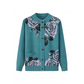 Middle-aged and Elderly Fleece Cardigan | Thick Jacket for Moms, Autumn and Winter Warm Elderly Clothing, Comfortable and Soft, Regular Length, Crew Neck, Button Details, Casual Style