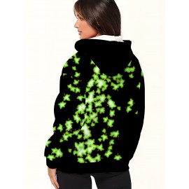 Plus Size Women'S Hooded Sweatshirt with Zipper | Solid Black with Fluorescent Maple Leaf Print, Soft Casual Long Sleeve Drawstring Jacket with Pockets - Women'S Fashion Sports Casual Wear