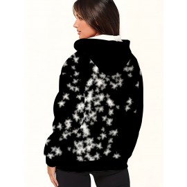 Plus Size Women'S Hooded Sweatshirt with Zipper | Solid Black with Fluorescent Maple Leaf Print, Soft Casual Long Sleeve Drawstring Jacket with Pockets - Women'S Fashion Sports Casual Wear