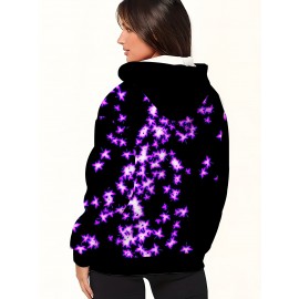 Plus Size Women'S Hooded Sweatshirt with Zipper | Solid Black with Fluorescent Maple Leaf Print, Soft Casual Long Sleeve Drawstring Jacket with Pockets - Women'S Fashion Sports Casual Wear