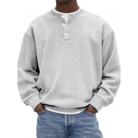 Men's Corduroy Henley Shirt| Soft Texture Classic Cut Fitted Style| Year-Round Casual Fashion Ribbed Pullover Long Sleeve Shirt for Business Trip and Networking Event Occasions| Structured Wear