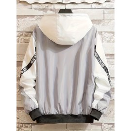 Men'S Color Block Hooded Trench Coat with Red/ Contrast Sleeves & Body - Casual Modern Jacket, Geometric Pattern, Regular Fit, Adjustable Hood & Zipper Closure, Versatile Outerwear for Teens & Young Adults, All-Season Durable Coat