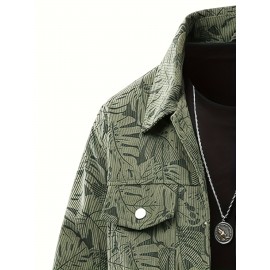 [Tropical Corduroy Jacket] Corduroy Men's Casual Jacket with Tropical Leaf Pattern | Multi-Pocket, Button-Up, All-Season Wear, Everyday Outerwear