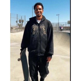 Popular Original Skull Zip-Up Hoodie, a stylish streetwear choice for casual occasions, perfect to pair with trendy outfits
