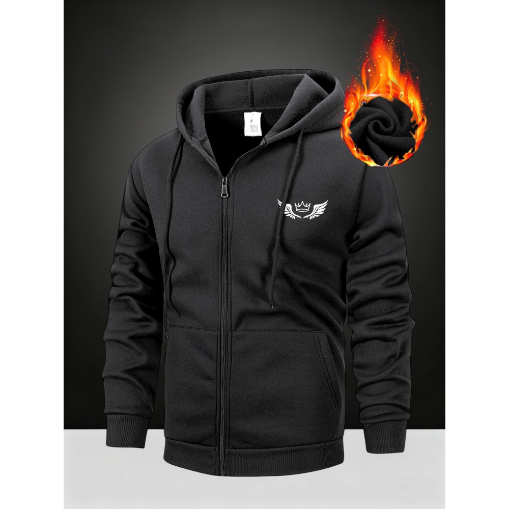 Men'S Fleece Hooded Jacket for Autumn And Winter, Featuring a Print Design of Wings And a Crown, Warm And Comfortable with Skin-Friendly Front Pockets And a Full Zipper. This Stylish And Versatile Hoodie Is Machine Washable And Available in Various