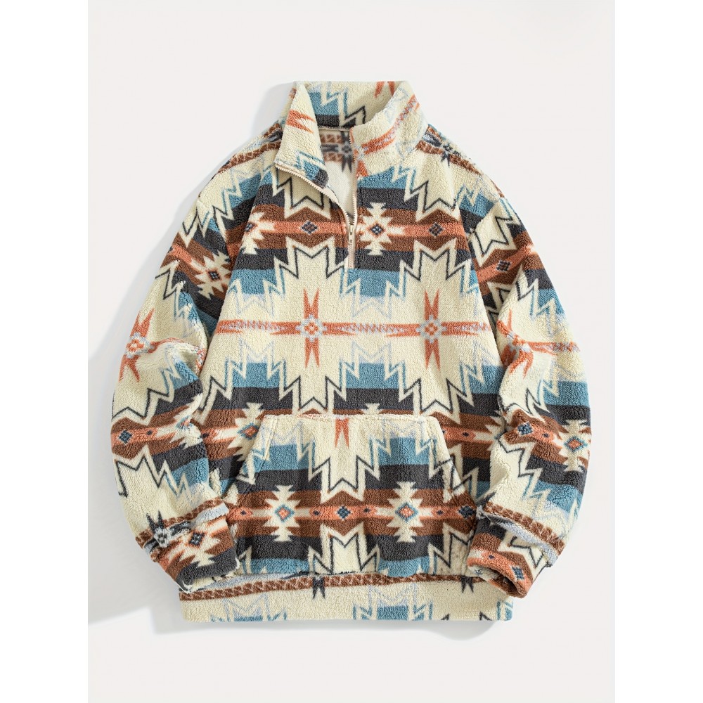 Men's -Lined Abstract Ethnic Print Stand Collar Sweatshirt Jacket - Soft Fabric, Relaxed Drop Shoulder Sleeves, Versatile Kangaroo Pocket Design, Warm Autumn/Winter Top | Street Style Trend | Comfortable Casual Autumn/Winter Fashion Versatile