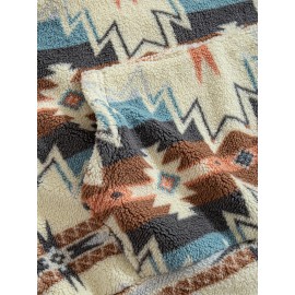 Men's -Lined Abstract Ethnic Print Stand Collar Sweatshirt Jacket - Soft Fabric, Relaxed Drop Shoulder Sleeves, Versatile Kangaroo Pocket Design, Warm Autumn/Winter Top | Street Style Trend | Comfortable Casual Autumn/Winter Fashion Versatile