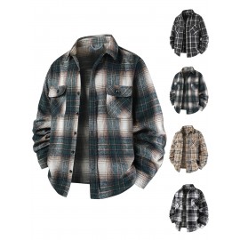 Autumn-Winter Men's Fashion Flannel Shirt with Turn- Collar and Button Plaid Shirt Jacket, Long Sleeve Warm with Pockets, Suitable for Casual Outings