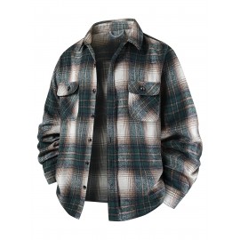 Autumn-Winter Men's Fashion Flannel Shirt with Turn- Collar and Button Plaid Shirt Jacket, Long Sleeve Warm with Pockets, Suitable for Casual Outings