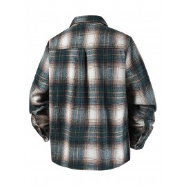 Autumn-Winter Men's Fashion Flannel Shirt with Turn- Collar and Button Plaid Shirt Jacket, Long Sleeve Warm with Pockets, Suitable for Casual Outings