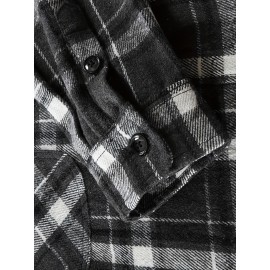 Autumn-Winter Men's Fashion Flannel Shirt with Turn- Collar and Button Plaid Shirt Jacket, Long Sleeve Warm with Pockets, Suitable for Casual Outings