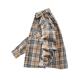 Autumn-Winter Men's Fashion Flannel Shirt with Turn- Collar and Button Plaid Shirt Jacket, Long Sleeve Warm with Pockets, Suitable for Casual Outings