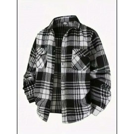 Autumn-Winter Men's Fashion Flannel Shirt with Turn- Collar and Button Plaid Shirt Jacket, Long Sleeve Warm with Pockets, Suitable for Casual Outings