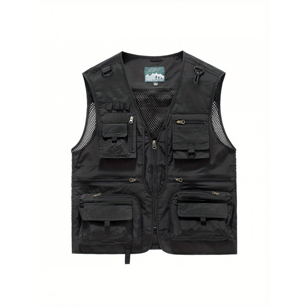 Men'S Quick-Dry Fishing Vest with Mesh Fabric & Zippered Pockets - All-Season Loose Fit Life Jacket, Machine-Washable Solid Color Outdoor Marine Clothing, Zippered Pocket Design for Easy Access, Ideal for Fishing, Boating