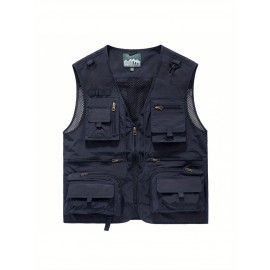 Men'S Quick-Dry Fishing Vest with Mesh Fabric & Zippered Pockets - All-Season Loose Fit Life Jacket, Machine-Washable Solid Color Outdoor Marine Clothing, Zippered Pocket Design for Easy Access, Ideal for Fishing, Boating