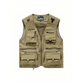 Men'S Quick-Dry Fishing Vest with Mesh Fabric & Zippered Pockets - All-Season Loose Fit Life Jacket, Machine-Washable Solid Color Outdoor Marine Clothing, Zippered Pocket Design for Easy Access, Ideal for Fishing, Boating