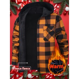 Trendy Men's Plaid Hooded Jacket - Thick Warm, Windproof & Cold-Resistant, Slim Fit, Vintage Style, Black & Red Geometric Pattern, Single-Breasted Button Front, Long Sleeve, Casual & Versatile for Winter Outings, Casual Winter Wear