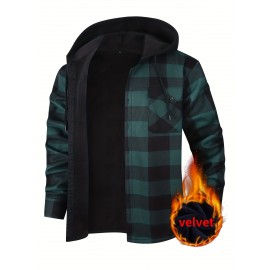 Trendy Men's Plaid Hooded Jacket - Thick Warm, Windproof & Cold-Resistant, Slim Fit, Vintage Style, Black & Red Geometric Pattern, Single-Breasted Button Front, Long Sleeve, Casual & Versatile for Winter Outings, Casual Winter Wear