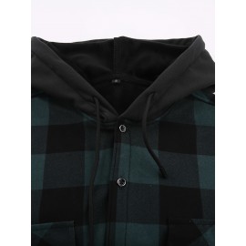 Trendy Men's Plaid Hooded Jacket - Thick Warm, Windproof & Cold-Resistant, Slim Fit, Vintage Style, Black & Red Geometric Pattern, Single-Breasted Button Front, Long Sleeve, Casual & Versatile for Winter Outings, Casual Winter Wear