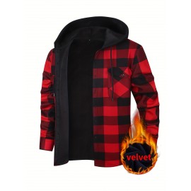 Trendy Men's Plaid Hooded Jacket - Thick Warm, Windproof & Cold-Resistant, Slim Fit, Vintage Style, Black & Red Geometric Pattern, Single-Breasted Button Front, Long Sleeve, Casual & Versatile for Winter Outings, Casual Winter Wear
