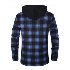 Trendy Men's Plaid Hooded Jacket - Thick Warm, Windproof & Cold-Resistant, Slim Fit, Vintage Style, Black & Red Geometric Pattern, Single-Breasted Button Front, Long Sleeve, Casual & Versatile for Winter Outings, Casual Winter Wear