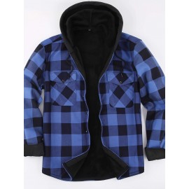 Trendy Men's Plaid Hooded Jacket - Thick Warm, Windproof & Cold-Resistant, Slim Fit, Vintage Style, Black & Red Geometric Pattern, Single-Breasted Button Front, Long Sleeve, Casual & Versatile for Winter Outings, Casual Winter Wear