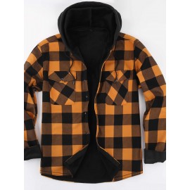 Trendy Men's Plaid Hooded Jacket - Thick Warm, Windproof & Cold-Resistant, Slim Fit, Vintage Style, Black & Red Geometric Pattern, Single-Breasted Button Front, Long Sleeve, Casual & Versatile for Winter Outings, Casual Winter Wear