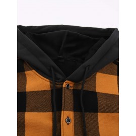 Trendy Men's Plaid Hooded Jacket - Thick Warm, Windproof & Cold-Resistant, Slim Fit, Vintage Style, Black & Red Geometric Pattern, Single-Breasted Button Front, Long Sleeve, Casual & Versatile for Winter Outings, Casual Winter Wear