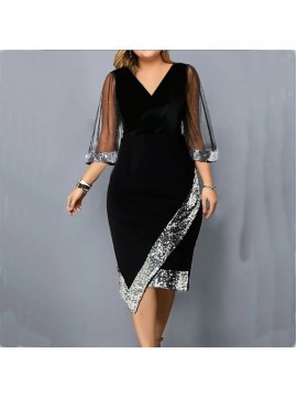 Elegant Velvet Sequined Mesh Dress for Women | Large-Sized, Irregular Pattern, See-Through Design, Perfect for Parties and Weekend Casual